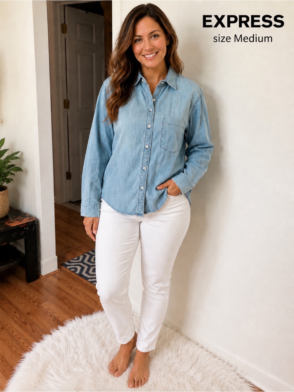 Express Light Wash Chambray Button Down Shirt Size Medium